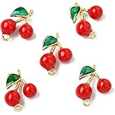 DanLingJewelry 5Pcs Red Cherry Enamel Connectors Charms Brass Fruit Cherry Dangle Pendants Jewelry Link Connectors for DIY Bracelets Making