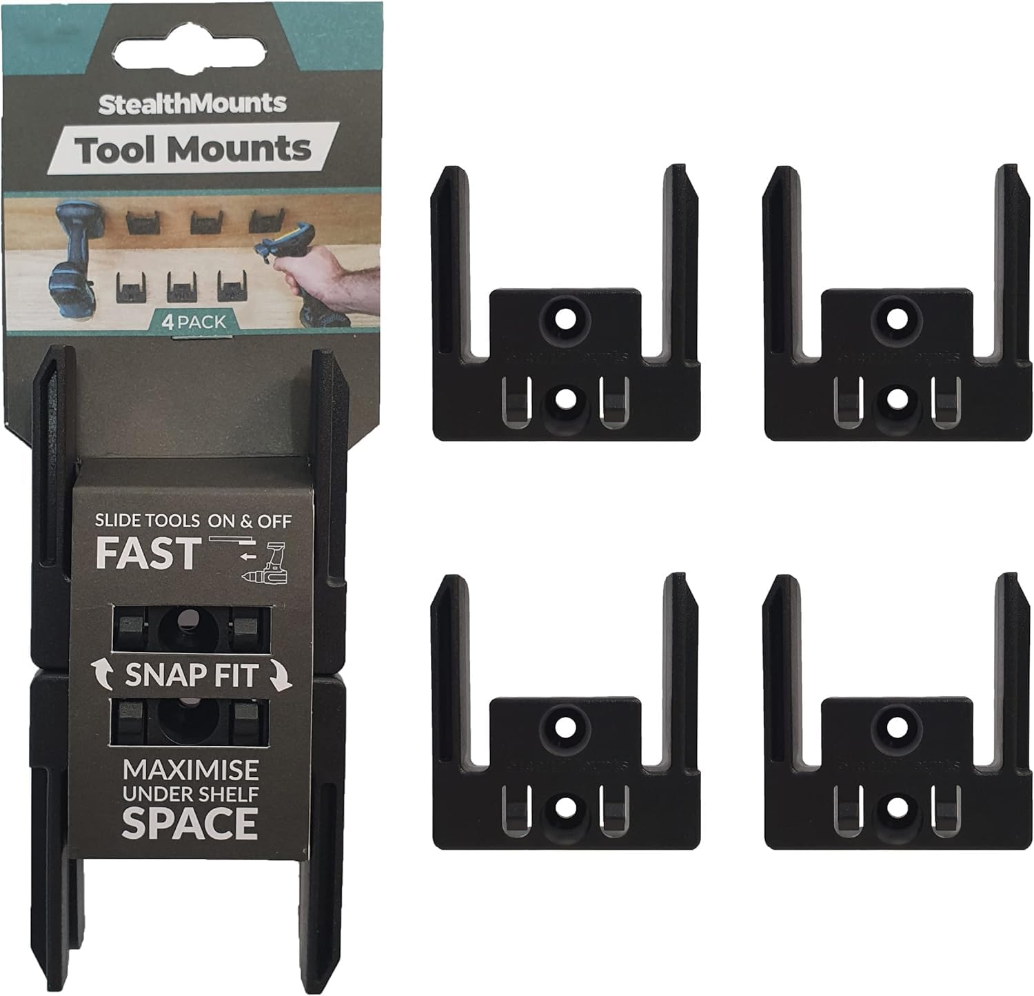 StealthMounts Black Tool Holders Compatible with Makita 18V LXT – 4 Pack Wall & Bench Mounts for Power Tools | Workshop, Garage & Van Storage Organiser | Heavy Duty ABS | Made in The UK