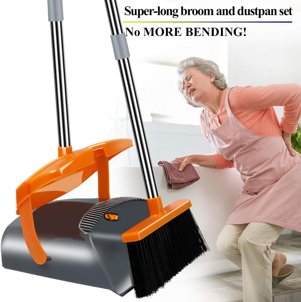 Kelamayi Dustpan and Broom Set,Stainless Long Handle Commercial Dust Pan Broom Combo Foldable Stand Dust Pan Sweep Set,Ideal for Pet Dog Hair Home Kitchen Office Cleaning: Home & Kitchen