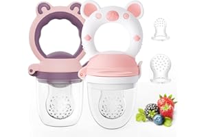 HAOBAOBEI Baby Solids/Frozen Fruit Feeder Pacifier, Infant Teether Toy 4M+, BPA-Free Silicone Pouch & Nipple, Safely Introduce Solids, Teething Relief, 2-Pack (Bear - Purple Pink White, S/M/L)