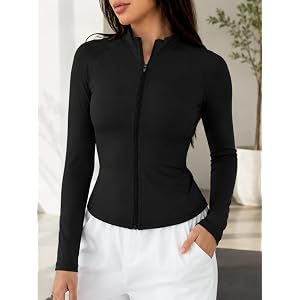 Women's Zip Up Long Sleeve Athletic Jacket, Slim Fit Solid Color Lightweight Workout Yoga Top, Casual Cropped Cardigan