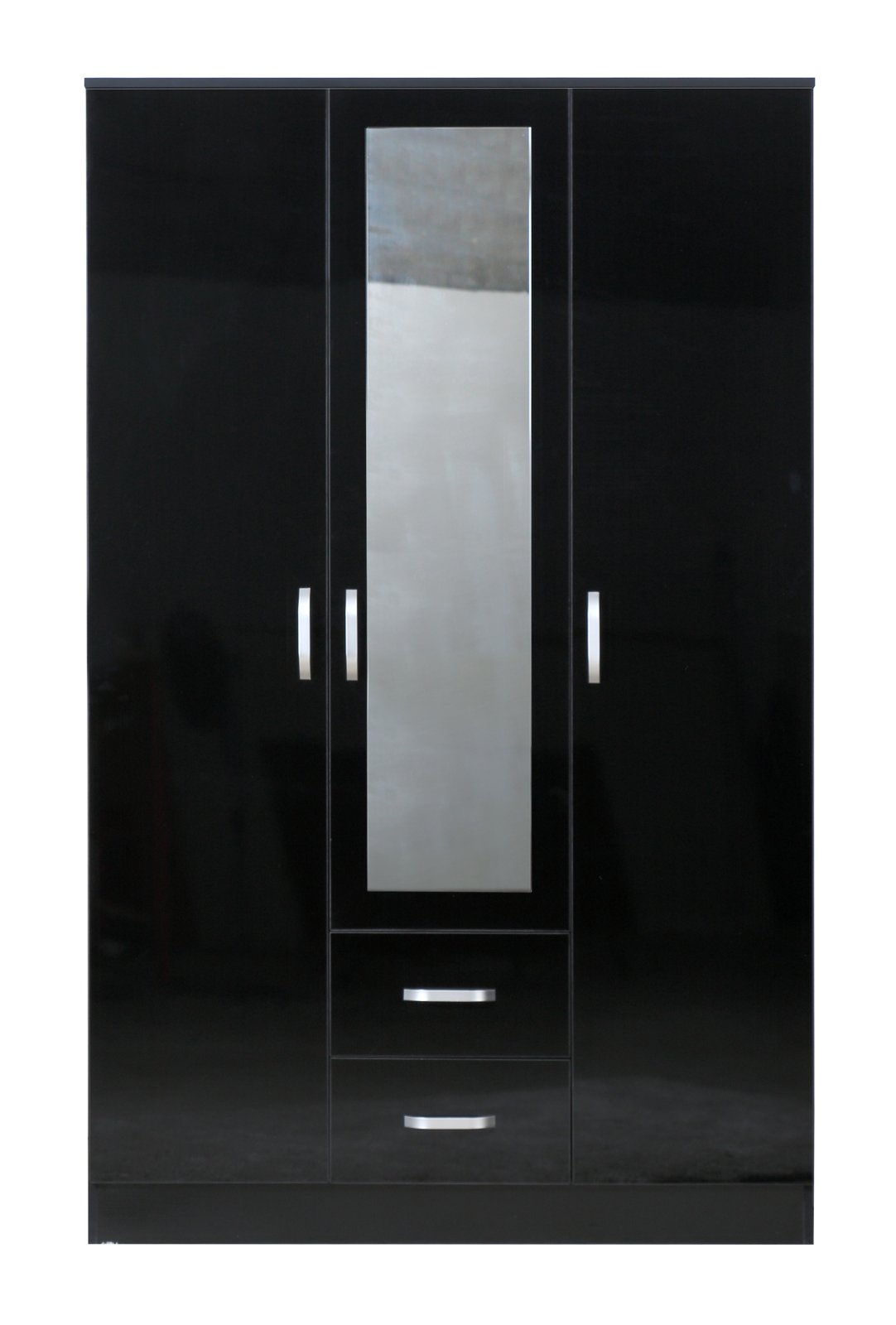 Gladini XL Mirrored Black High Gloss 3 Door Wardrobe with 2 Drawers