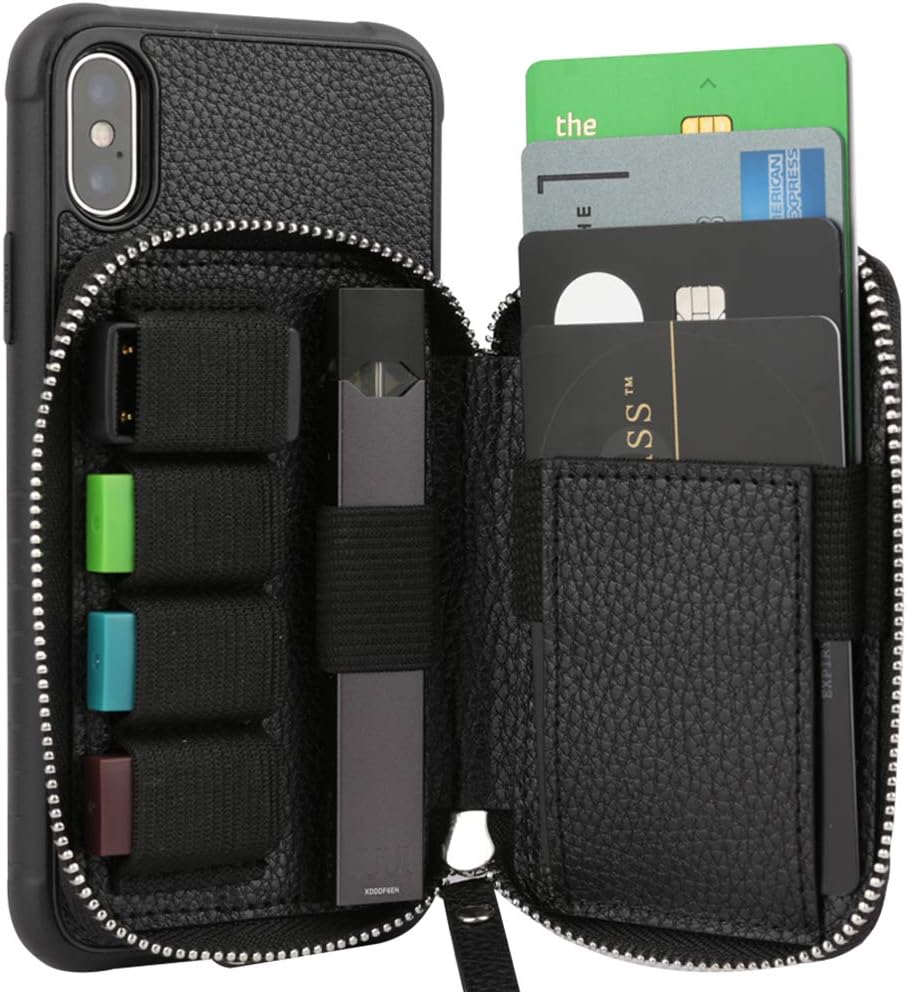 Designers iPhone Xs MAX JUUL Wallet Case iPhone Xs MAX Case with JUUL Carrying Case Credit Card Holder Slot Inner JUUL case Leather Zipper Pocket Purse Handbag Case for Apple iPhone Xs MAX - Black