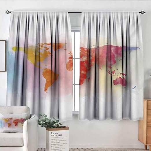 Amazon Com World Map Window Curtain Fabric Watercolor Map Of The