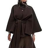 CHARTOU Women Batwing Sleeve Ponchos Pea Coat Wool Stand Collar Belt Capes Jacket Winter Cropped Overcoat
