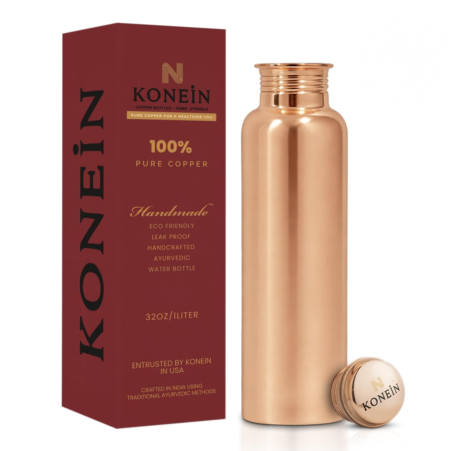 Photo 1 of KONEIN 100% Copper Water Bottle, Plain Classic Finish Design, (34 Oz/1000ml), Copper Bottle for Drinking water with Nature Health Benefits, Leak-Proof, Durable & Eco-friendly, Ayurvedic water Bottle