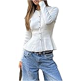 GORGLITTER Women's Button Up Cardigan Babydoll Peplum Ruffled Crewneck Long Sleeve Fall Trendy 2025 Knit Sweater