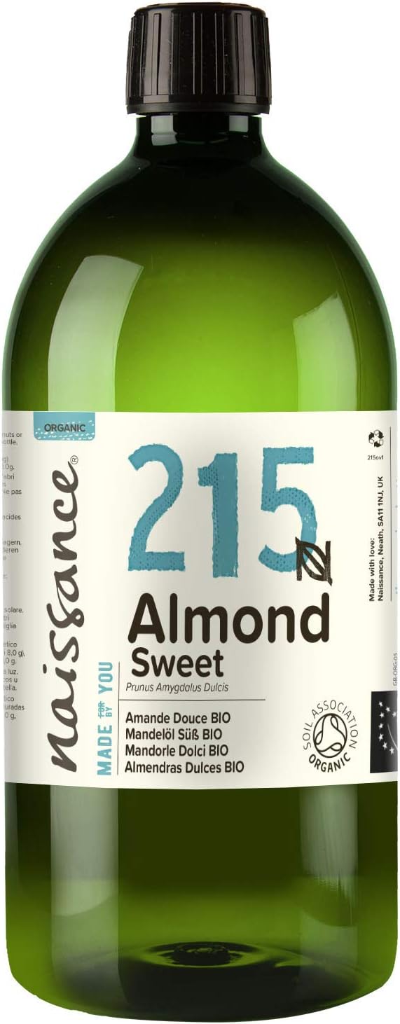 Naissance Organic Sweet Almond Oil (No. 215) 900ml, Cold Pressed and Unrefined, for Skin Hair, Massage, Nails, Ears, Face