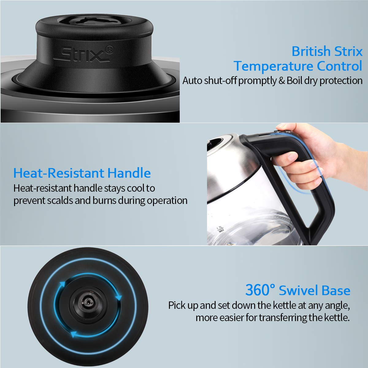 Glass Kettle Morpilot Electric Kettle with Stainless Steel Lid, 2200 W Fast Kettle for Tea Coffee, 1.7 L Electric Jug, LED Lighting, Automatic Shut-off