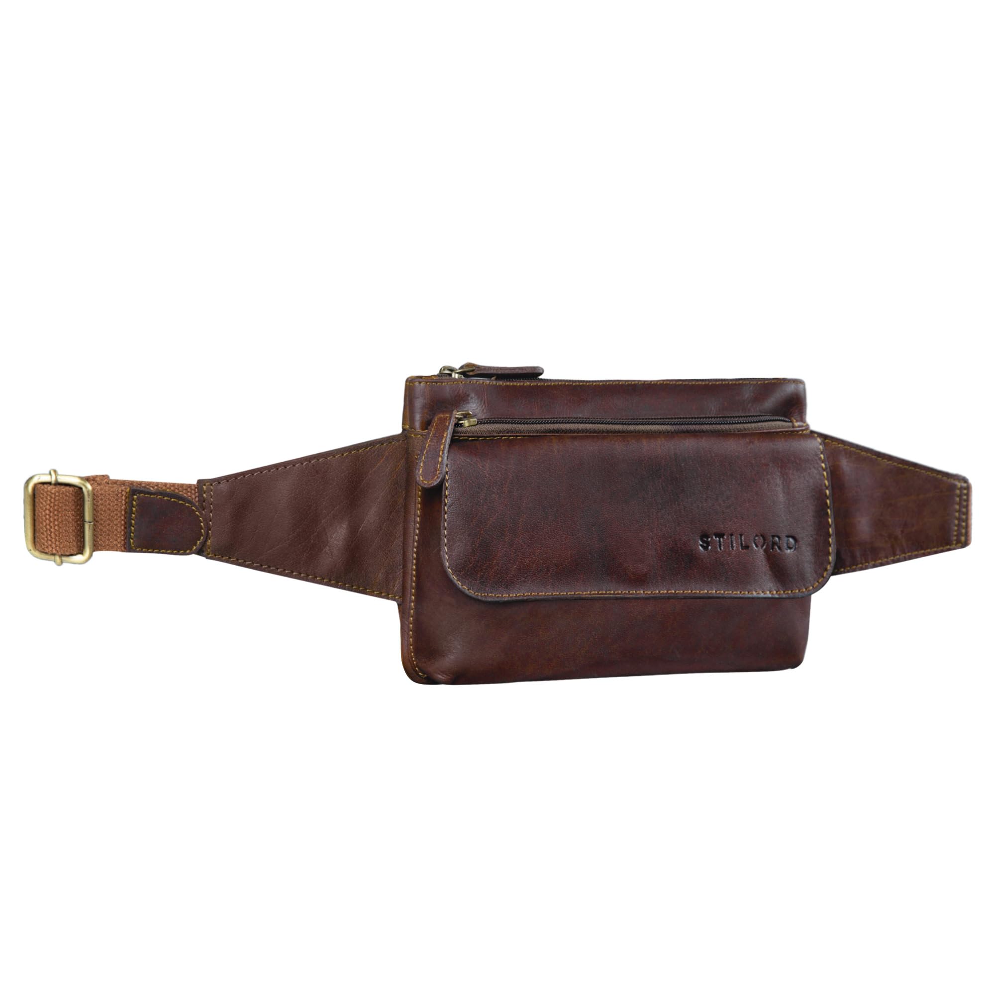 STILORD "Atlanta" Small Waist Bumbag Leather Vintage Belly Bag Belt Bag for Men Women Ladies for Festival Running Dog Walking Hiking Pouch Bag Colour:Cognac Dark Brown