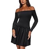 HYPERFIRE Women's Long Sleeve Off The Shoulder Mini Dress Drop Waist Short Party Dresses