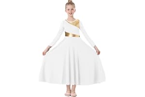 TLMNU Girls Praise Dance Dress Metallic Gold Liturgical Worship Church Robe Full Length Swing Lyrical Costume
