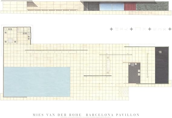 Amazon Com Mies Van Der Rohe Barcelona Pavillon 19 75 X 27 5 Poster Realism White Blue Gray Posters Prints