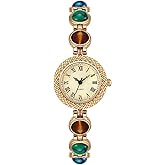 PASOY Elegant Vintage Gold Dress Watch Roman Numeral Dial with Decorative Gemstone Band Quartz Movement Waterproof Watch for Ladies Bracelet Fashion Wristwatch