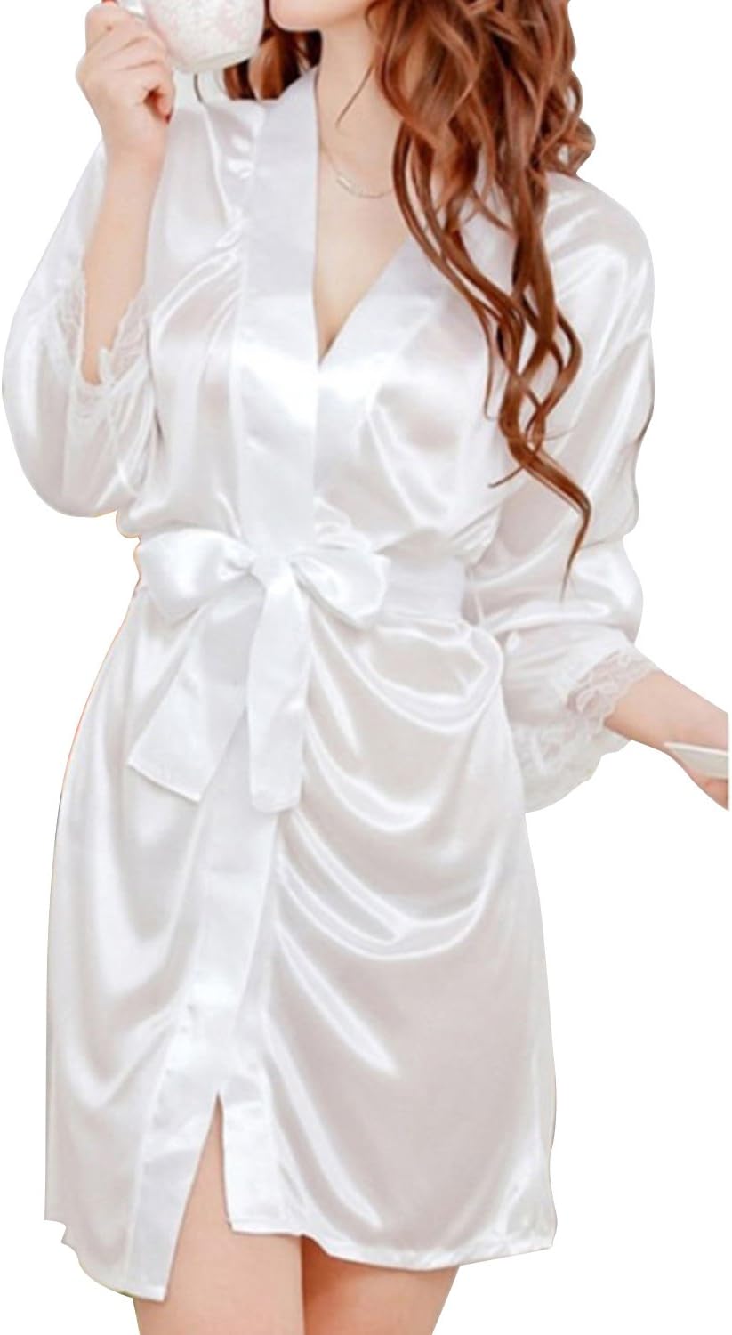 Merssavo Women's Sexy Satin Silk Robe Kimono Lingerie Nightwear Nightdress Sleepwear Dressing Gown and T Pant