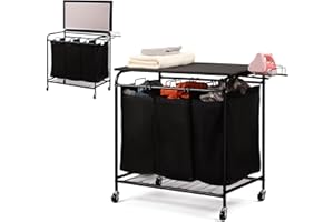 ALIMORDEN Rolling Laundry Sorter Cart with Wheels and Lid 240l Heavy Duty Laundry Hamper Sorter Basket 3 Section Room Organizer with Ironing Board and Iron Rack Black