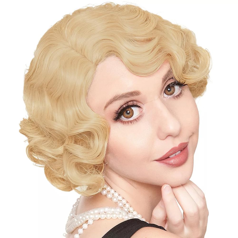 Photo 1 of Amnenl Women Blonde Curly Wig Short 20s 30s Finger Wave Retro Wave Synthetic Fancy Wigs for Halloween Cosplay Wig