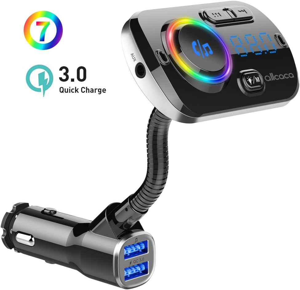 ALLCACA Car FM Transmitter Wireless Audio Adapter Receiver Hands Free Car Kit with QC3.0 Charging and 7-Color Backlit, 4 Play Modes