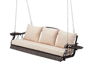 ZZW 3-Person Wicker Porch Swing Chair Heavy Duty 900 LBS Outdoor Rattan Patio Swing Chair w/Cup-Holder & Steel Chains Hanging Bench Porch Swing Cushions for Deck & Backyard & Garden