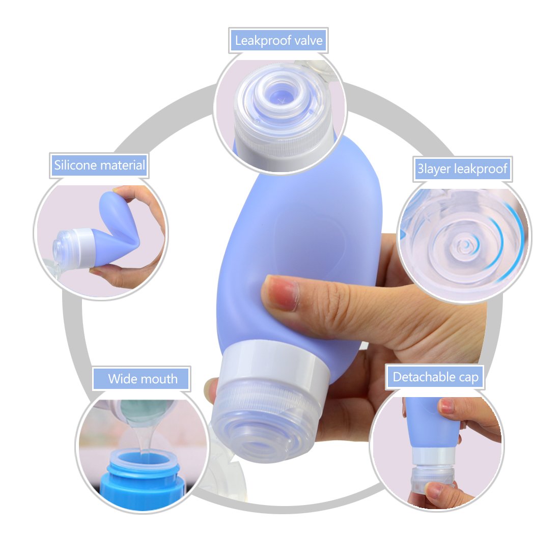 Leakproof Silicone Travel Bottle, ROCKBIRDS Refillable Travel Toiletries Containers With 3 oz Squeeze Shampoo Bottle(89ml) & Cosmetic Containers(10mL), FDA Certificated, TSA Approved