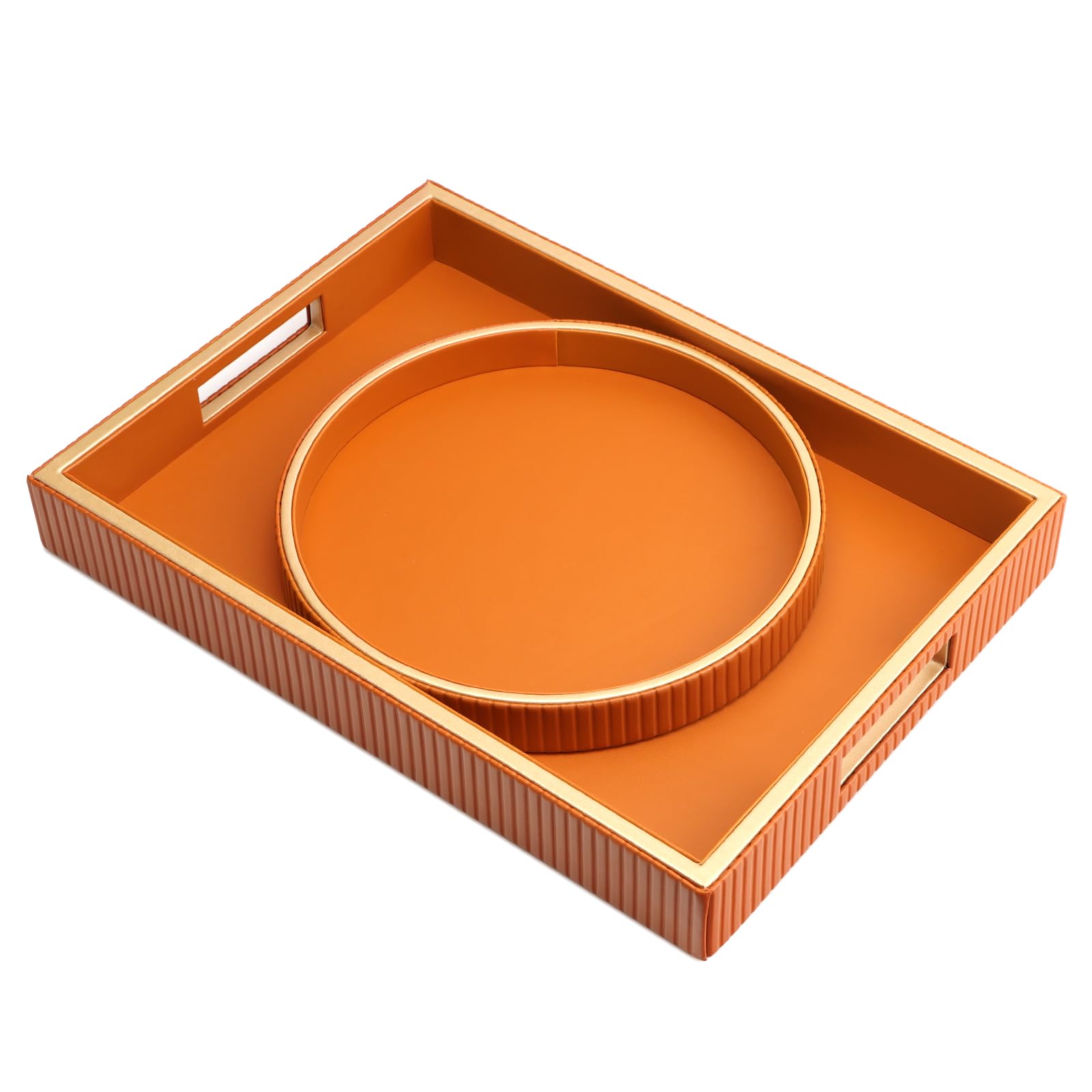 SANZIE Leather Tray Desktop Storage Organizer - Premium Serving & Decorative Tray for Sundries, Cosmetics, Phone, Wallet & Cutlery (Orange Holder with Disc)