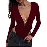MakeMeChic Women's Y2k Deep V Neck Top Asymmetrical Cowl Neck Long Sleeve Going Out Tops T Shirt