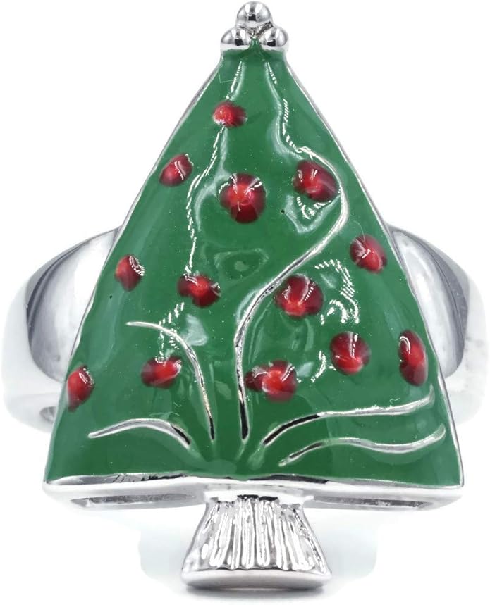 Glamour Rings Silvertone Christmas Tree Fashion Ring Done in Green Epoxy with Red