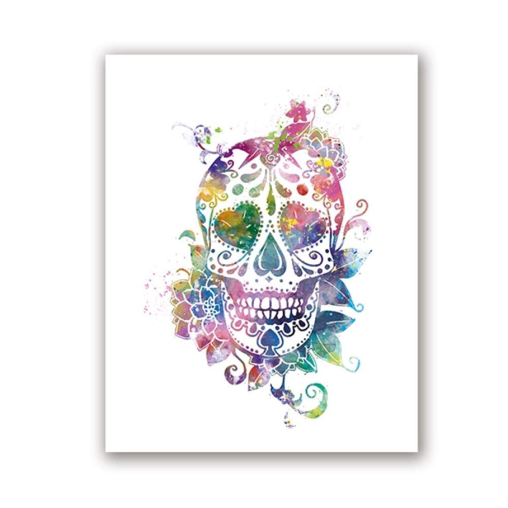 Sugar Skull Art Print Day of the Dead Poster Watercolor Floral Skull Goth Macabre Tattoo Wall Gift Canvas Painting Home Decor (40x60cmx1 / no frame)