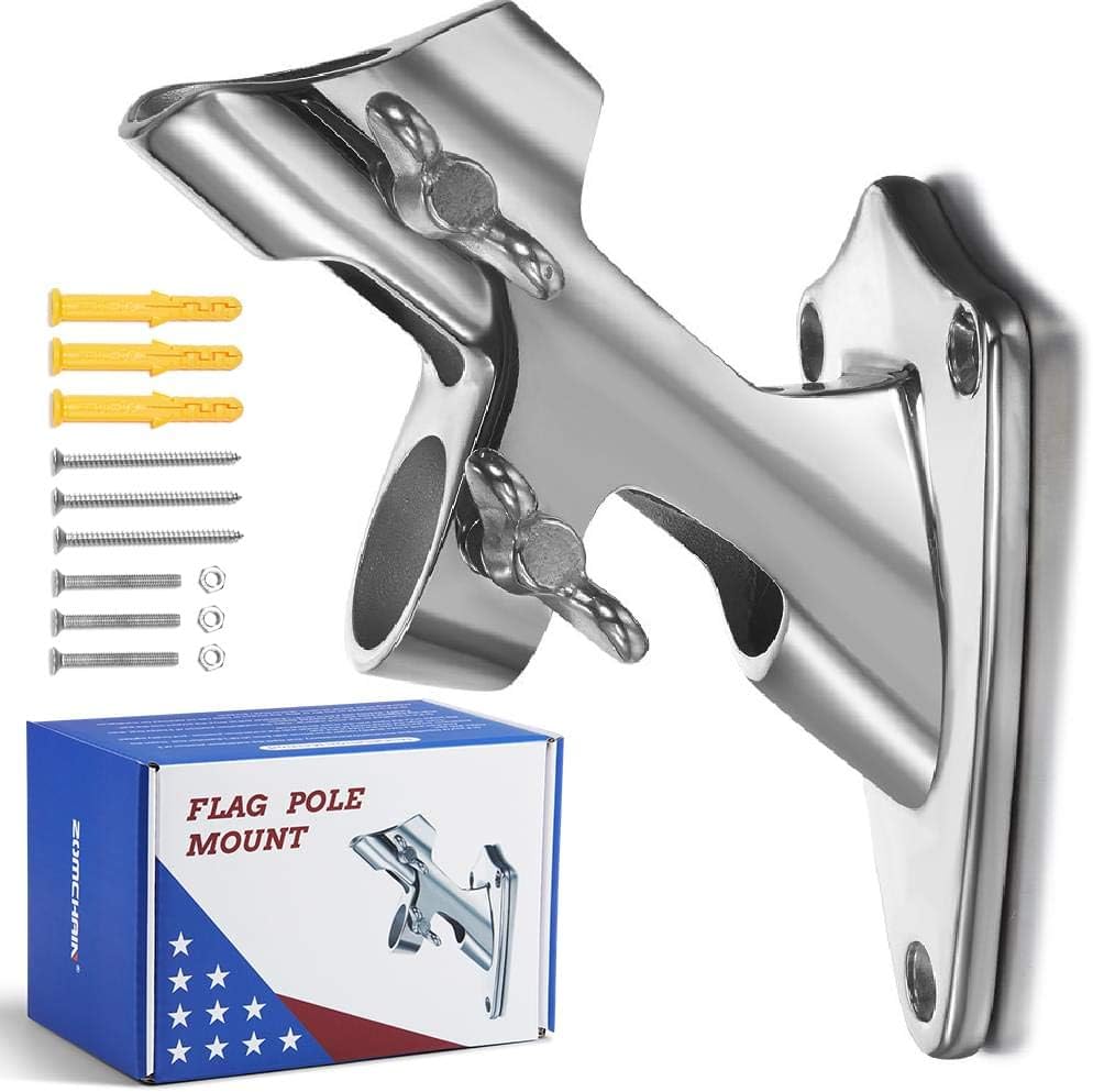 Flagpole Hardware - ZOMCHAIN Flag Pole Bracket, Flag Pole Holder - Polished, 316 Marine Grade Stainless Steel, Heavy Duty for 1in Flag Pole Mount - 2 Positions