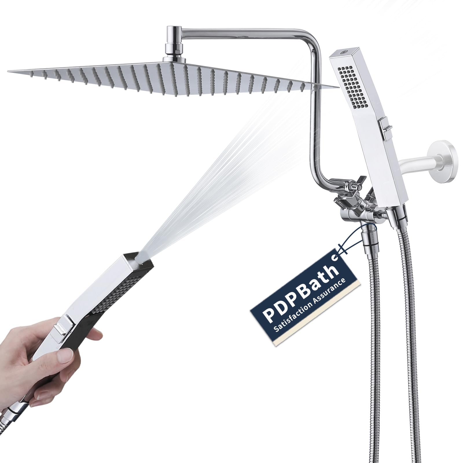 Photo 1 of PDPBath All Metal Rainfall Shower Head with Handheld, 12'' High Pressure Rain Shower Head with Adjustable Extension Arm Z-shaped, 79" Extra Long Hose, 3-Way Diverter, Chrome