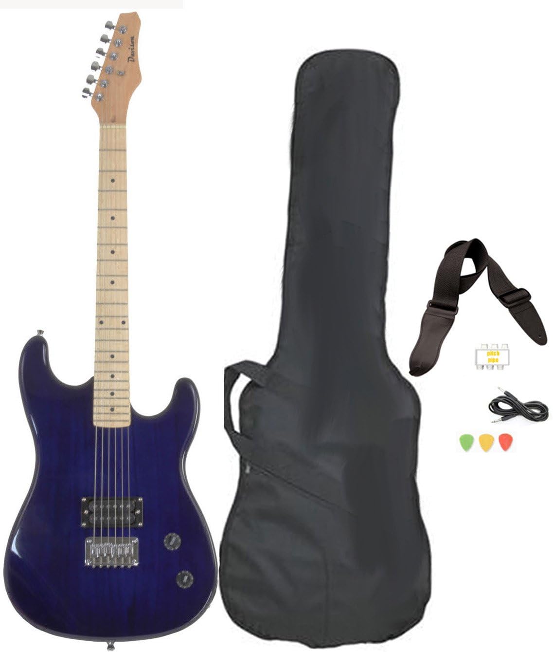 Davison Guitars 6 String Full Size Electric Guitar with Case Strap Pics and Pitchpipe Tuner (GTR235 X CSE BLUE)