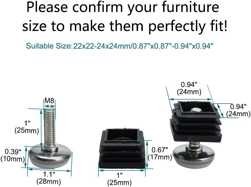 Sourcingmap Adjustable Leveling Feet 25 x 25mm Inserts Furniture Table Glide 10 Pcs, Black, 10 Sets - Image 3