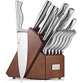Kangdelun 15-Piece Ultra Sharp Kitchen Knife Set with Wooden Block, Exclusive Ergonomic Anti-Slip Handle, High-Carbon 50CR15MOV Steel, Angled Design, Dark Brown Wood Block