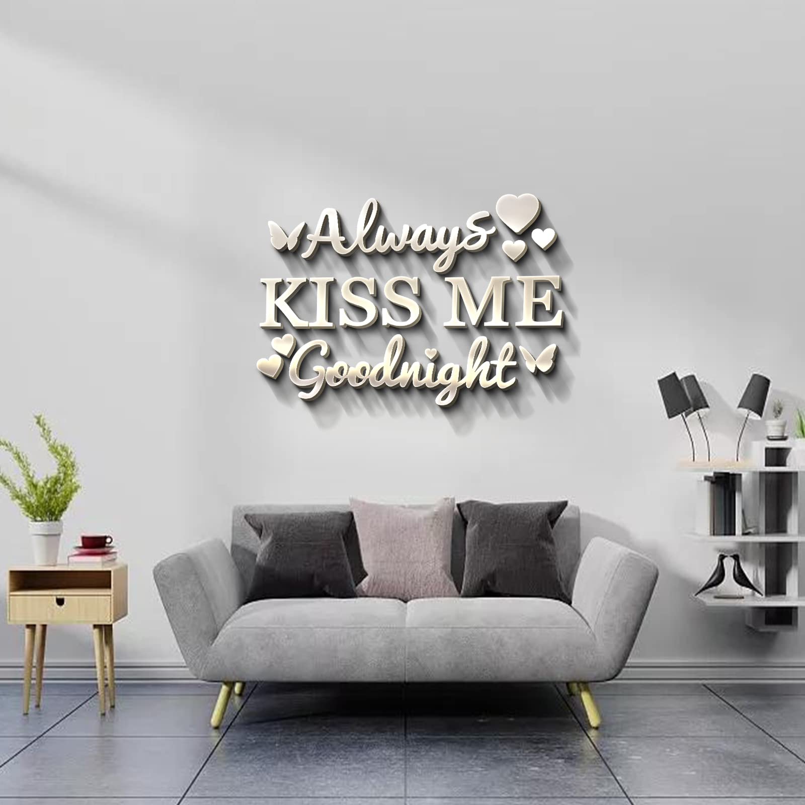 GLOBLELAND Goodnight Acrylic Wall Stickers Always Kiss Me Goodnight Butterfly Heart 3D Mirror Wall Decals Sticker Mural Decor Stickers for Home Decor