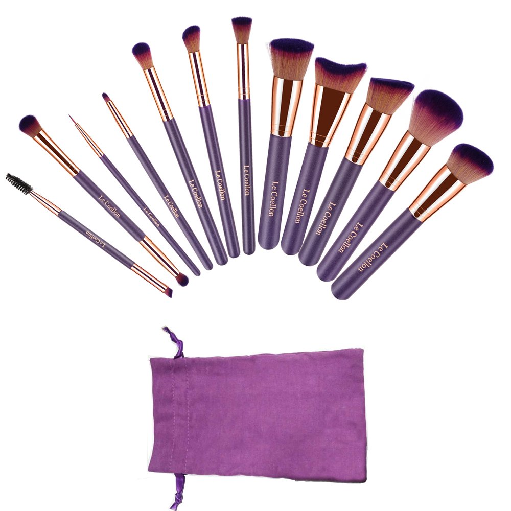 Le Coellon Antibacterial Makeup Brushes Set, 12PCS Premium Synthetic Face Foundation Powder Blending Blush Concealers Eyeshadow Eyebrow Eyeliner Lip Brush Kabuki Brushes Set with Carrying Case Purple