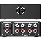 4-Way Stereo L/R Sound Channel Bi-Directional Audio Switcher, 1 in 4 Out or 4 in 1 Out, L/R Sound Channel Audio Switch Splitter RCA Stereo Switch Selector for DVD Stereo Speaker CD Player