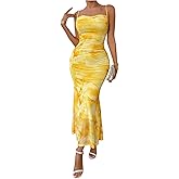 Milumia Women's Summer Floral Maxi Cami Dress Spaghetti Strap Mesh Cowl Neck Cocktail Party Bodycon Long Dresses
