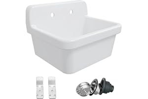 Eridanus 24 Inch Utility Sink, Farmhouse Kitchen Sink Wall Mounted Laundry Sink Floating Porcelain Ceramic Trough High Back for Garage, Workshop, Washing Room, Bathroom, 24" x 19" x 16.5"