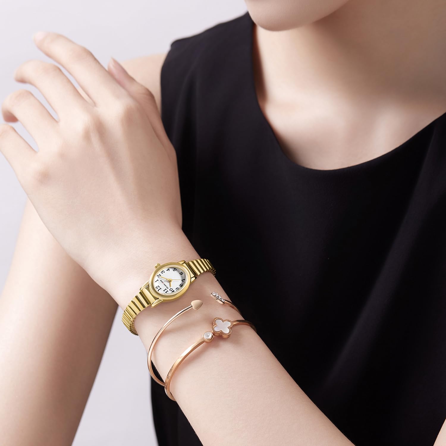 GOLDEN HOUR Women's Small Analogue Quartz Watch with Stainless Steel Stretch Strap, Round Case, 12 Hours Digital Waterproof Watch for Women and Girls