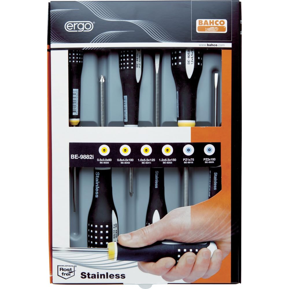 Bahco BE-9882I "Ergo" Screwdriver Set Slotted/Pozidriv of Stainless Steel, Multi-Colour