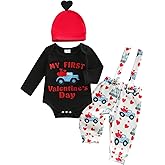 Eurvoku My First Valentines Day Baby Boy Outfit Newborn Letter Print Long Sleeve Romper Suspender Pants Hat 3Pcs Clothes Set