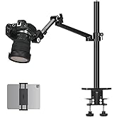 TARION Camera Arm Mount Desk Stand: Heavy Duty DSLR Desktop Mount Camera Stand with Tablet Holder Double C Clamp 1/4 3/8 Scre
