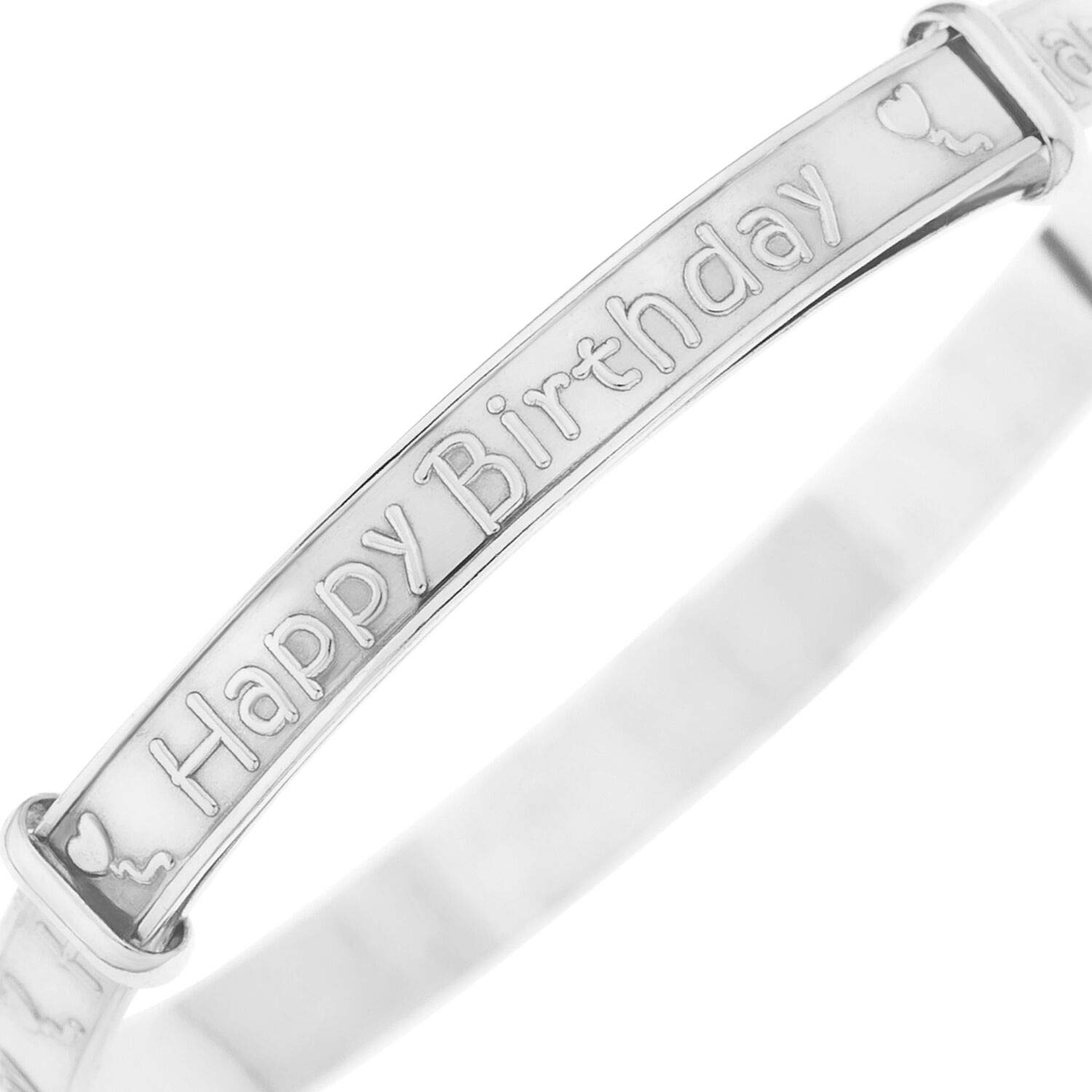 Dolce Valentina - Baby 1st Birthday Gift - Sterling Silver Bangle with "Happy Birthday" Pattern, New Baby Gifts & Christening Gift, Baby Bracelet (0-3 Years)