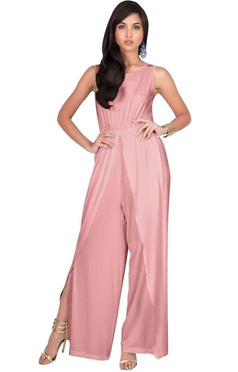 KOH KOH Plus Size Womens Sleeveless Cocktail Wide Leg Casual Cute Long Pants One Piece Jumpsuit Jumpsuits Pant Suit Suits Romper Rompers Playsuit Playsuits, Light Pink 2XL 18-20