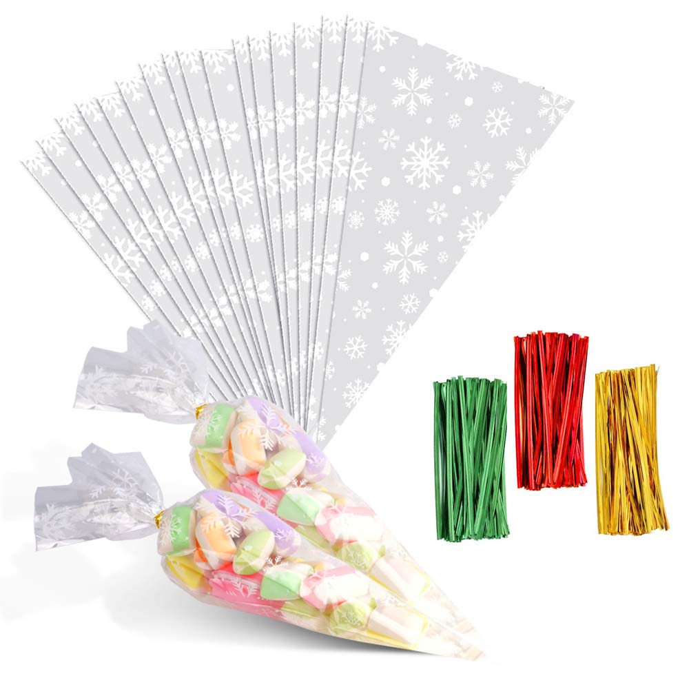 FINGOOO 100pcs Cone Bags for Sweets Clear Cellophane Bags and Ties for Party Christmas and Festivals