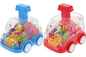 2PCS Press-Go Gear Car Toy with Visible Friction Mechanism STEM Learning Vehicle for Hand-Eye Coordination Push and Go Car To