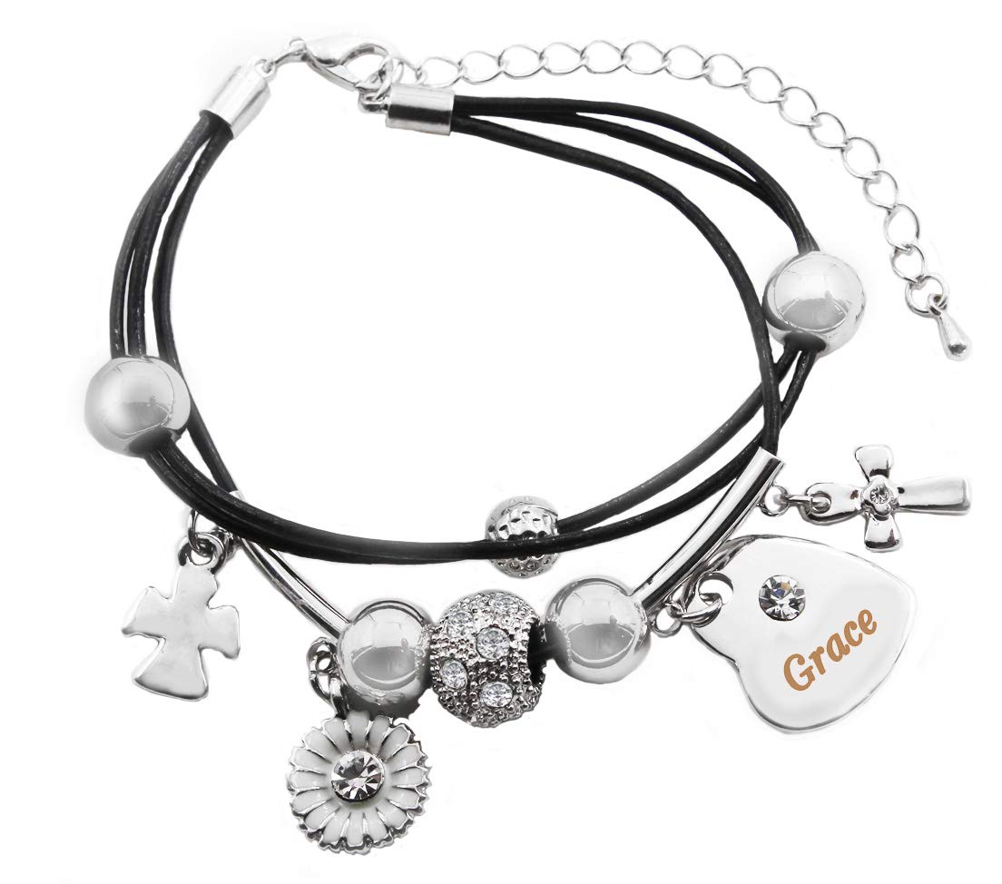 Kigu Grace Name Bracelet - Genuine Leather Multi Strand Bracelet & 18K White Gold Plated Engraved Heart Charm