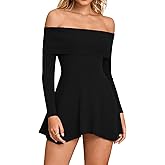 GLNEGE Fall Off The Shoulder Long Sleeve Mini Party Dress Flowy Sweater Knit A-Line Ruffle Cocktail Short Dresses Women