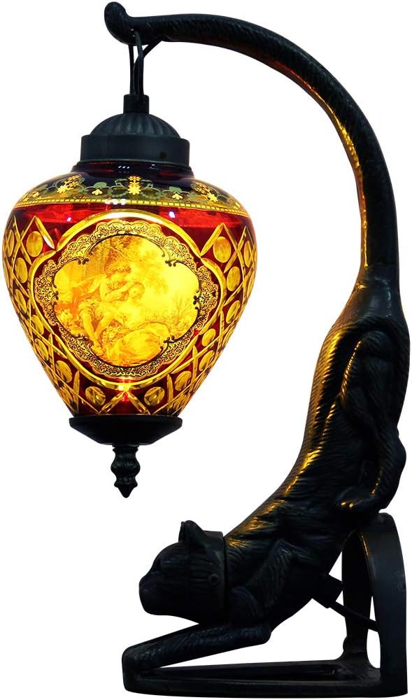 Makenier Western Vintage French Court Style People Pattern Engraved Glass 5.5-inch Globe-Shaped Lampshade Table Lamp (Red)