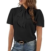 Rooscier Women's Bow Tie Knot Mock Neck Short Sleeve Elegant Workwear Blouse Shirt Top